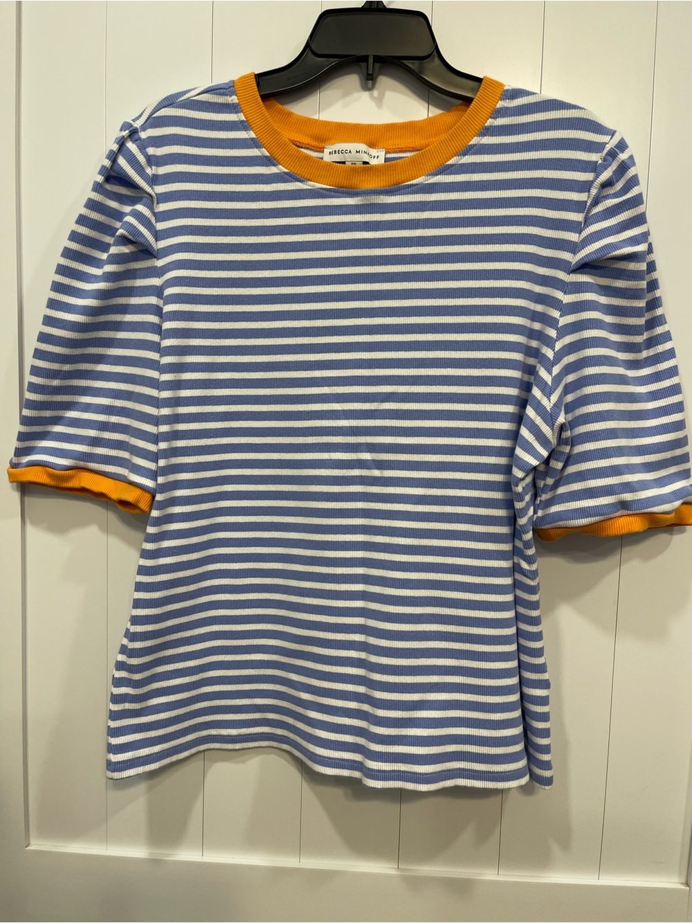 Rebecca Minkoff Blue & White Stripe Tee with Yellow Trim 2XL